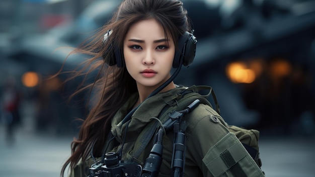 Foto jovem asiática em uniforme militar e fones de ouvido contra o fundo de um close de aeródromo
