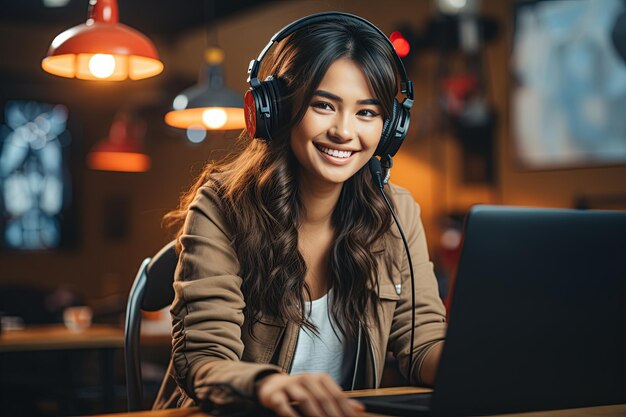 Jovem asiática envolvida em transmissão ao vivo e podcasting usando microfones e usando fones de ouvidoGenerado com IA