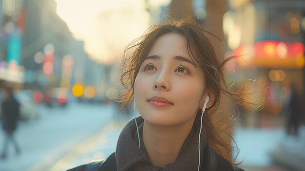 Jovem asiática ouvindo música com fones de ouvido enquanto espera por um táxi pela manhã Esta foto tem uso intencional de grãos de filme de 35mm
