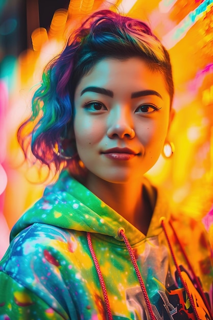 Jovem asiática Retrato colorido de menina gen z Generative AI