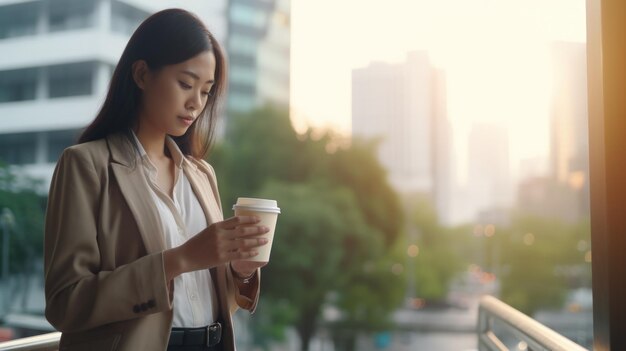 Jovem asiática usando smartphone com vista para a cidade