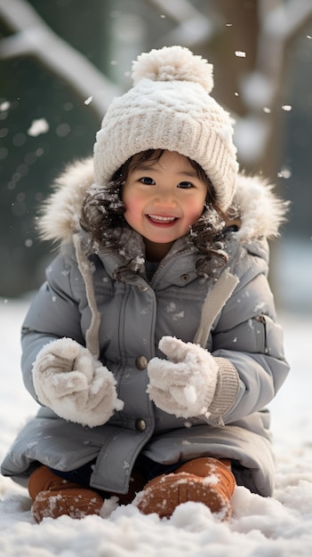 Jovem asiática vestindo um chapéu e casaco está ajoelhada e brincando na neve