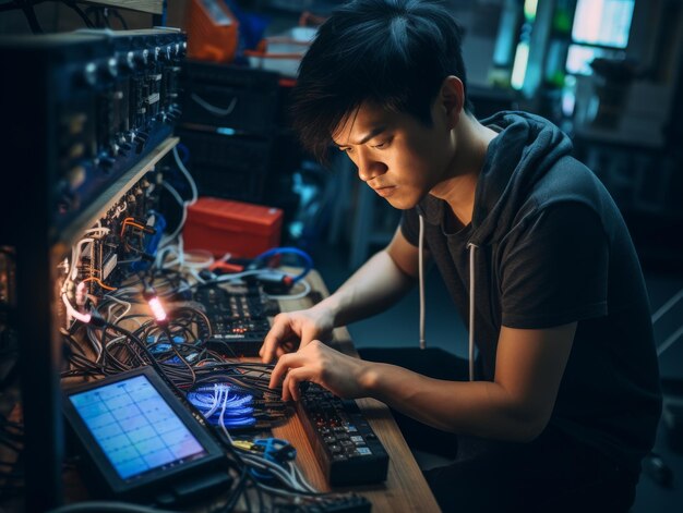 Foto jovem asiático a trabalhar em hardware eletrónico, possivelmente para a indústria informática ou reparação de tecnologia.