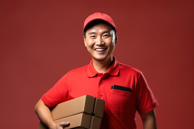 Jovem asiático alegre de camisa vermelha, empregado de uniforme, trabalha como carregador de pacotes.