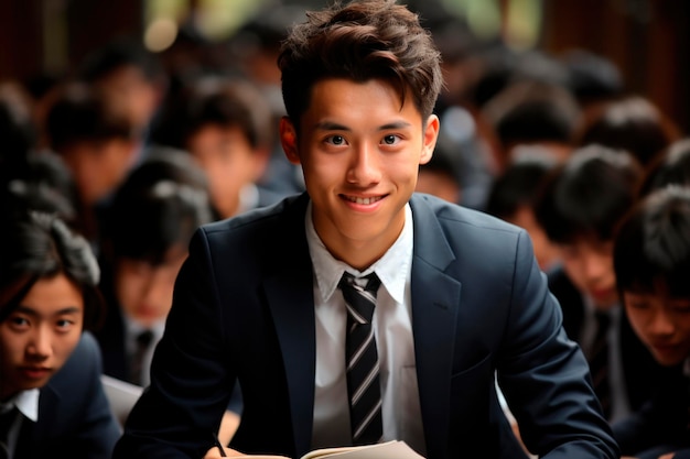 Jovem asiático alegre de fato sorrindo na sala de aula