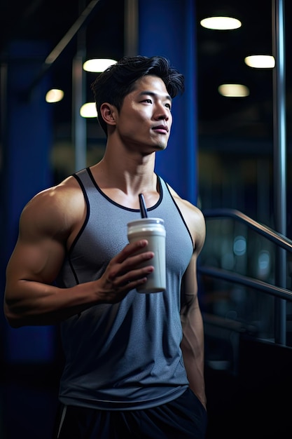 Jovem asiático bebendo um shake de proteína na academia