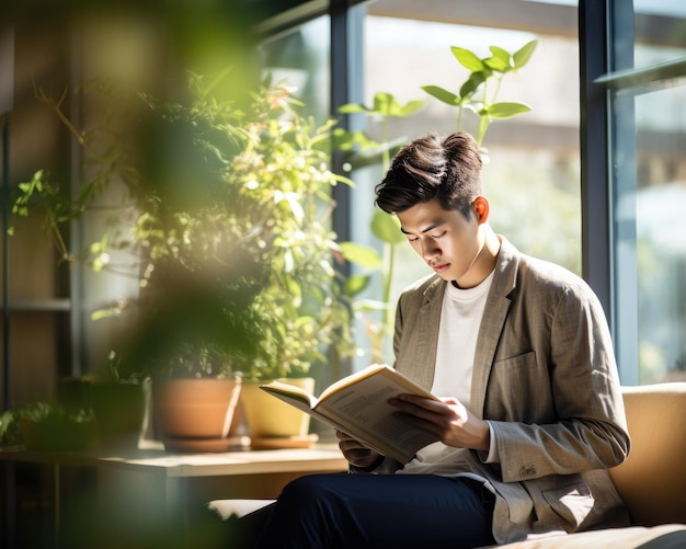 Jovem asiático lendo um livro num quarto iluminado pelo sol