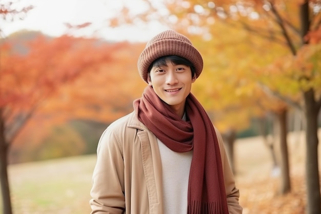 Jovem asiático no retrato de rua do parque outono Conceito de estilo de vida da temporada de outono