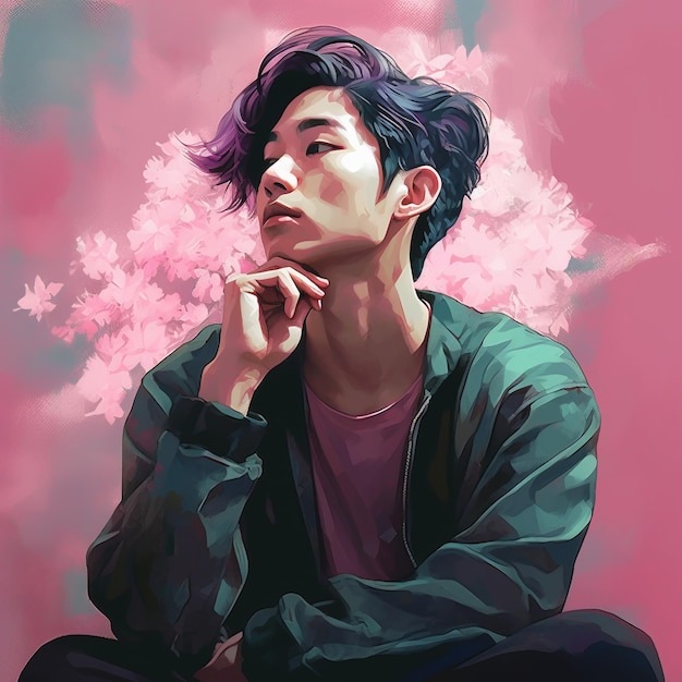 Jovem asiático pensando e duvidando ilustração Personagem masculino hipster com rosto sonhador em fundo abstrato Ai gerou pôster colorido desenhado brilhante