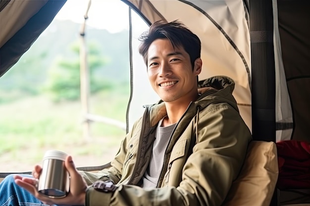 Jovem asiático sentado na tenda