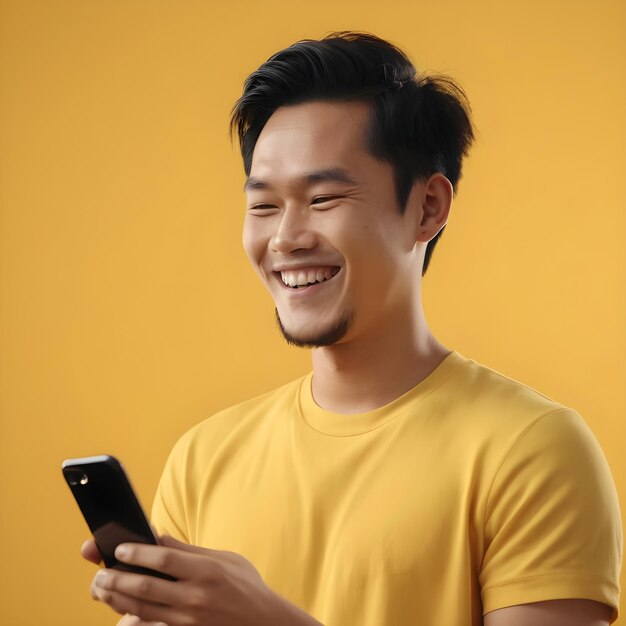 Jovem asiático sorridente isolado usando um smartphone