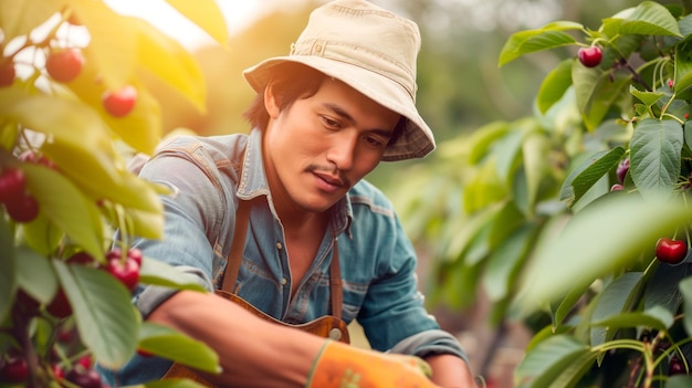 Jovem asiático trabalhando na colheita de cerejas em uma fazenda sustentável Agricultura orgânica