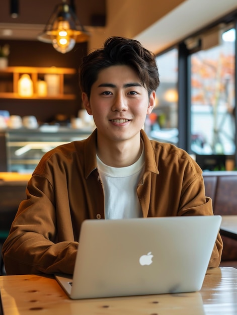 Jovem asiático usando computador portátil em uma cafeteria foto de estoque