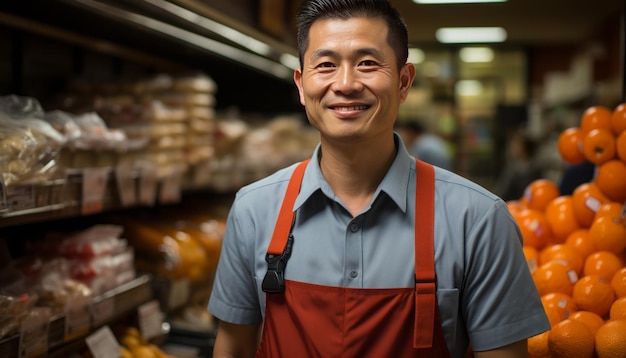 jovem assistente de estoque de supermercado em um supermercado como trabalho de meio período