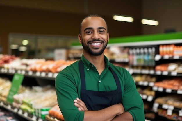 Jovem assistente de mercearia africano com os braços cruzados no supermercado sorrindo para a câmera