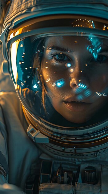 Foto jovem astronauta com visor refletor olhando intensamente para o voo espacial humano gerado pela ia