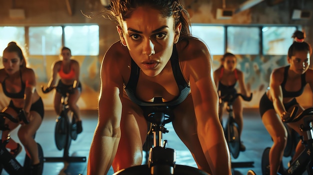 Foto jovem atleta confiante a andar de bicicleta de exercício durante uma intensa aula de spinning num ginásio moderno
