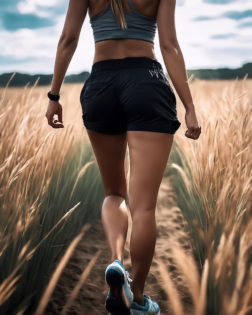 Foto jovem atleta correndo em um campo ao pôr-do-sol