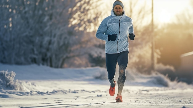 Jovem atleta correndo na neve usando IA generativa