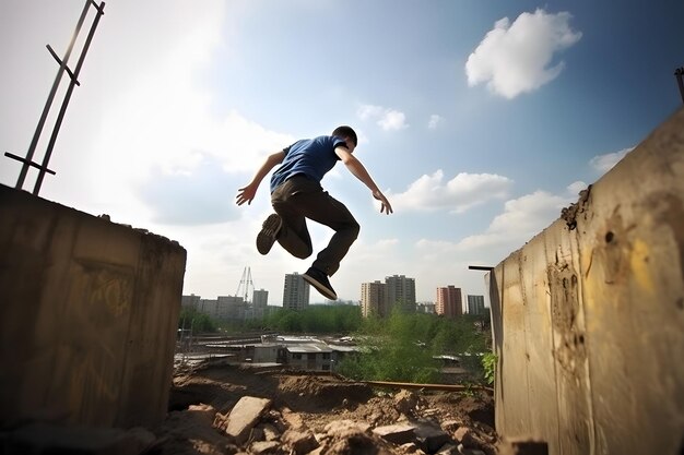 Jovem atleta de Parkour e Freerunning experimentando em um ambiente urbano com um céu azul no fundo rede neural gerou arte