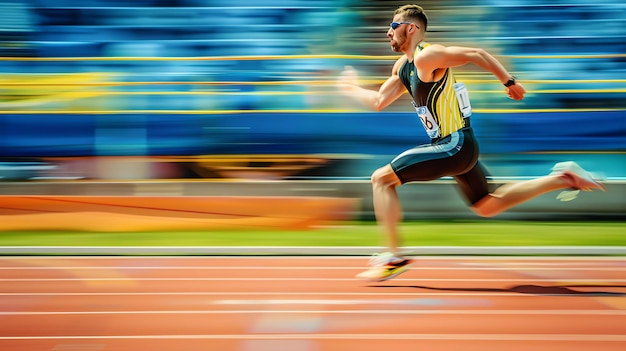 Jovem atleta em roupas esportivas pretas e amarelas está correndo em uma pista de tartan com óculos de sol