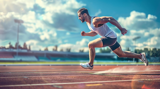 Jovem atleta está correndo em uma pista de tartan Ele tem um olhar determinado em seu rosto focado em vencer a corrida