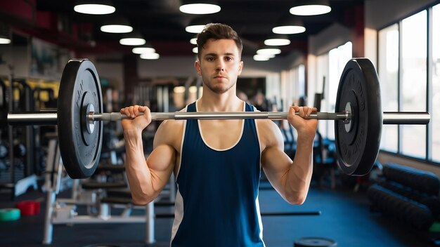 Jovem atleta fazendo treinamento de força e levantando barra em um ginásio