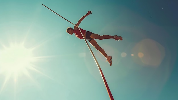 Jovem atleta masculino pulando com um poste sobre a barra em uma competição de atletismo