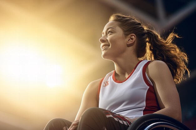 Jovem atleta mulher com deficiência em cadeira de rodas adaptada na quadra esportiva