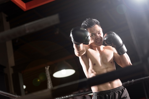 Foto jovem atlético com luvas de boxe no ringue de boxe