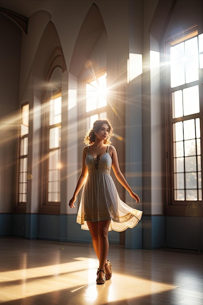 Jovem bailarina linda em um vestido branco dançando no salão de dança