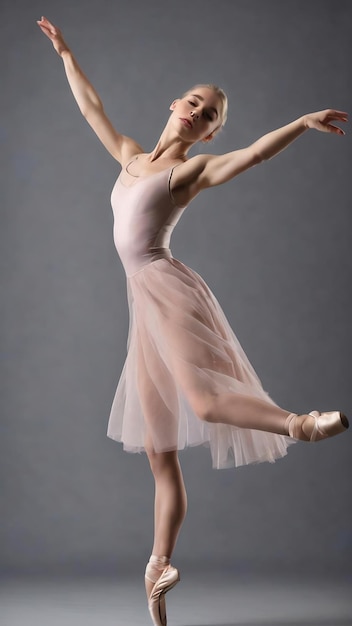 Jovem bailarina loira graciosa dança e salta em um estúdio isolado em um fundo cinza