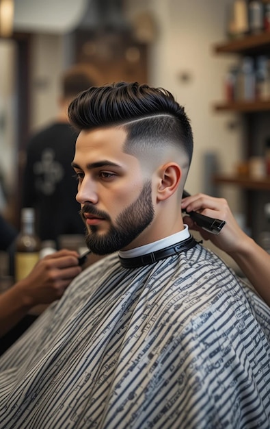 Jovem barbeiro profissional que gosta de cortar o cabelo, criando um look afiado na barbearia da moda