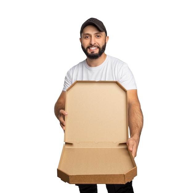 Foto jovem barbudo sorrindo enquanto posava com caixa de pizza