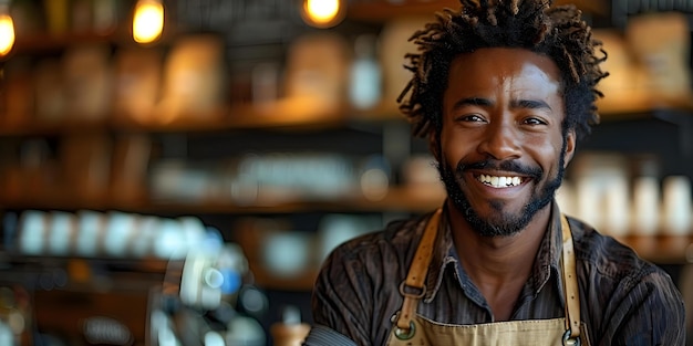 Jovem barista afro-americano trabalhando em uma cafeteria durante uma crise financeira parecendo alegre e focado Conceito barista africano-americano de cafeteria crise financeira alegre focado