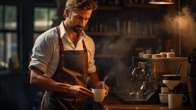 Foto jovem barista sorridente fazendo café usando uma máquina profissional taça de café matinal no café cabeça de café conceito de cafeteria