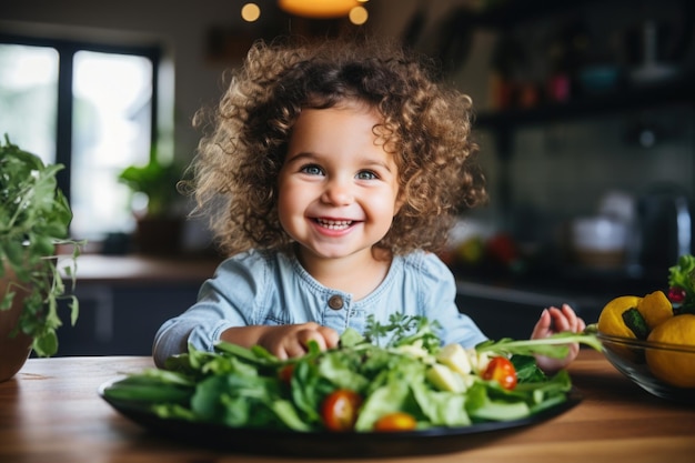 jovem bebê fofo sorridente comendo salada fresca saudável no interior da cozinha moderna cheia de frutas