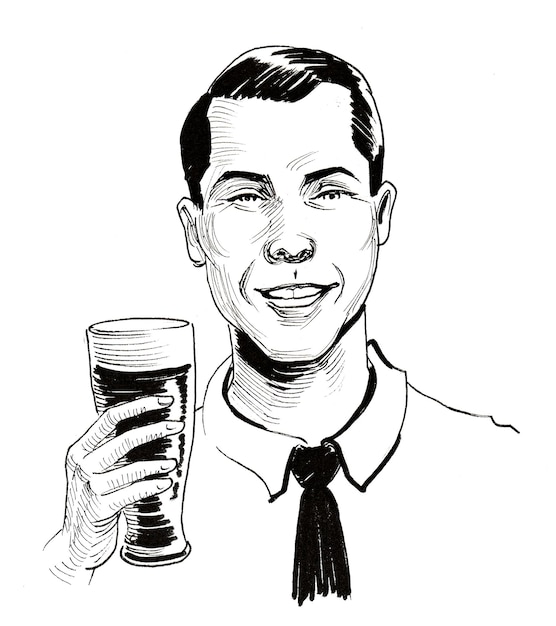 Jovem bebendo um copo de cerveja. Desenho de tinta preto e branco