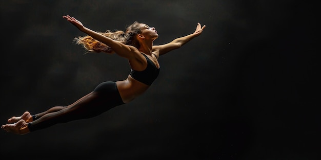 jovem bela dançarina desportiva em meias pretas executando ballet de estilo moderno fazendo elementos acrobáticos dançarina de ballet em performance de arte na frente do fundo