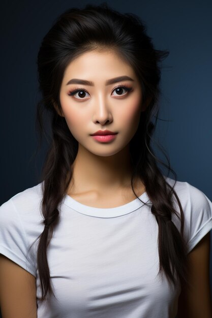 Jovem bela mulher asiática com estilo de maquiagem coreana no rosto e pele perfeitamente limpa e bonita