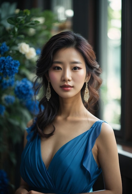Jovem bela mulher asiática com vestido de cor azul