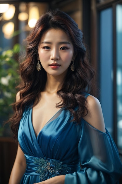 Jovem bela mulher asiática com vestido de cor azul