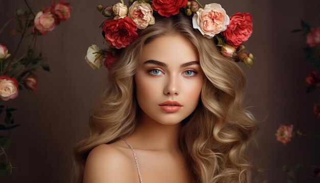 Jovem bela mulher com flores no cabelo mostrando maquiagem impecável e boa aparência