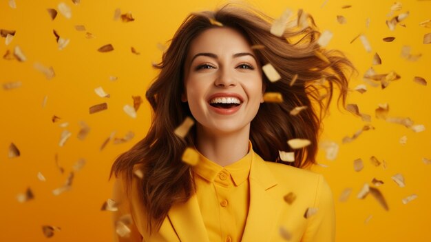 Foto jovem bela mulher feliz com flores amarelas em estúdio em fundo escuro