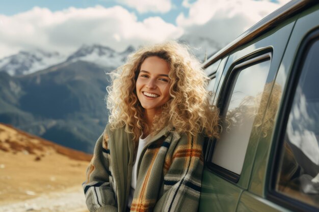 Jovem bela mulher loira sorridente com cabelos encaracolados de pé perto de minivan retro nas montanhas