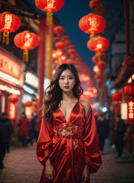 Jovem bela mulher moderna chinesa em uma rua chinesa à noite Ano Novo Chinês