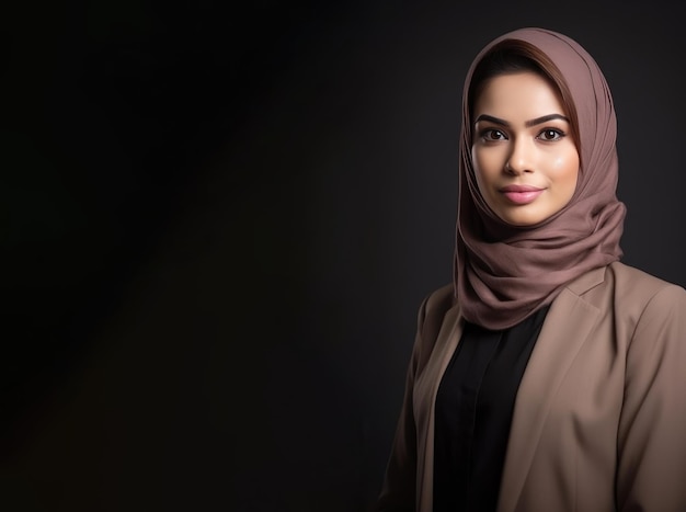 Jovem bela mulher muçulmana roupas à moda no escritório fundo isolado