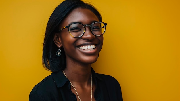 Jovem bela mulher negra sorrindo com chapéu e roupas pretas e usando óculos