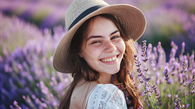 Jovem bela mulher sorridente com chapéu de palha em um campo de lavanda