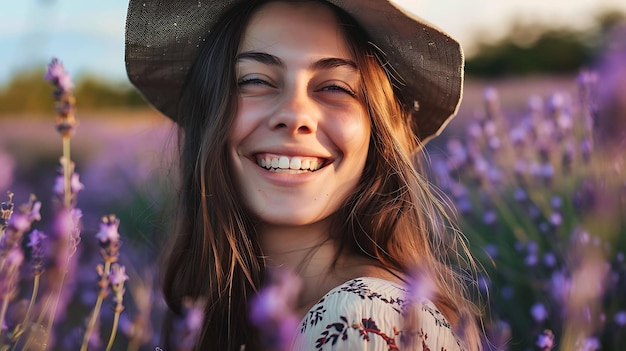 Jovem bela mulher sorridente com um chapéu de palha de pé em um campo de lavanda